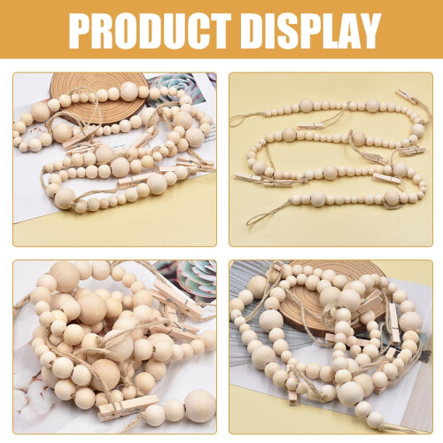 Wooden Photo Clips String with Beads Beige 2