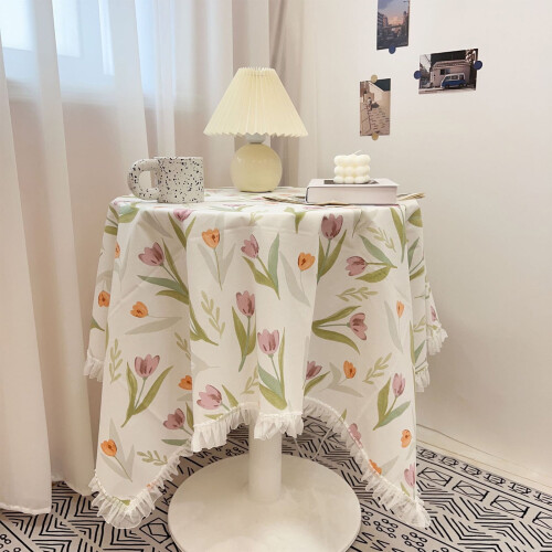 Tassel Lace Round Tablecloth with Fruit Floral Print