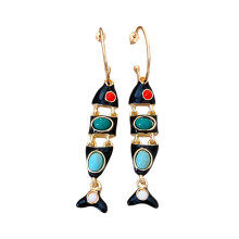 1 Pair Ethnic Inspired Fish and Tassels Design Enamel-Black