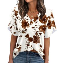Women's Summer Non-Position Printed Petal Sleeve V-Neck-Brown M