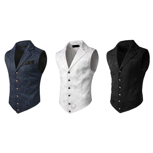 Gothic Waistcoat Victorian Medieval V Neck Button-L Navy Blue 2
