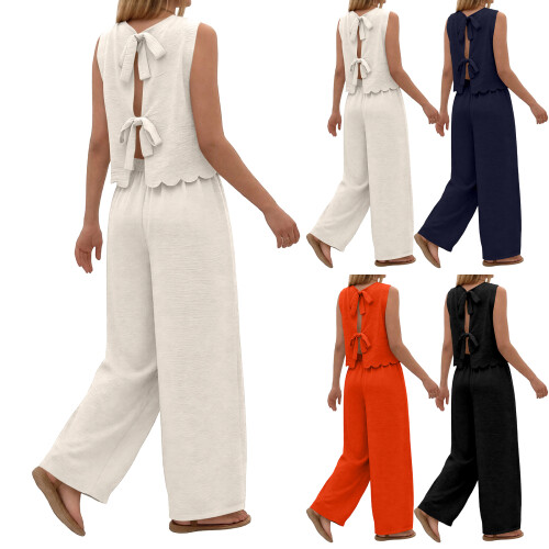 Women's Two Piece Sets With Back Tie Bow Top And Wide-Orange M 2