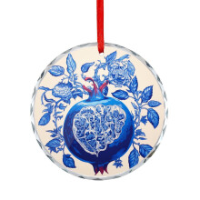 Glass Christmas Ornament Pomegranate Blue Watercolor Round