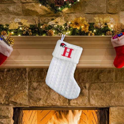 White Knitted Christmas Stocking with Initial H 1