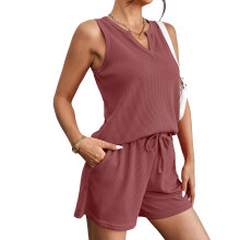 Pajamas Top and Shorts Sets Knit V Neck Short Sets-Red XL