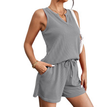Pajamas Top and Shorts Sets Knit V Neck Short Sets-Gray L