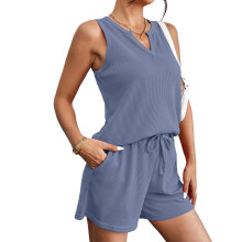Pajamas Top and Shorts Sets Knit V Neck Short-Sky Blue S