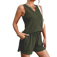 Pajamas Top and Shorts Sets Knit V Neck Short-Army Green XL
