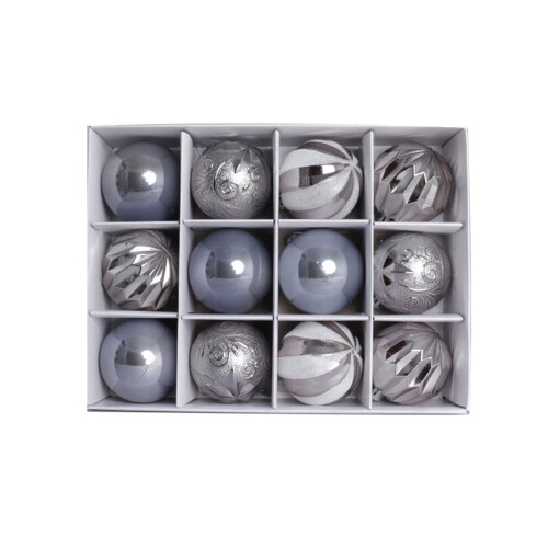 Graue Kunststoff-Weihnachtsbaumkugeln, 12 Stück