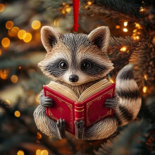 Weihnachtsschmuck „Lesender Waschbär“, aus Holz, mit Buchmotiv, 1
