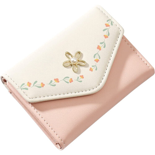 Women's Tri-Fold Wallet PU Leather Slim Pink 1