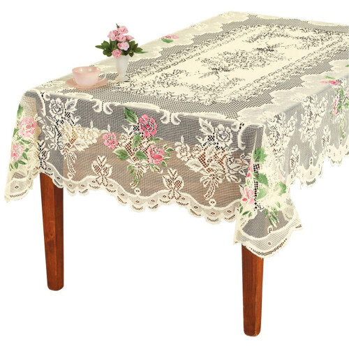 Toalha de mesa redonda de renda branca com estampa floral de rosas, 70 polegadas (178 cm). 2