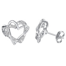 Heart Stud Earrings, 18K White Gold Plated, 13mm