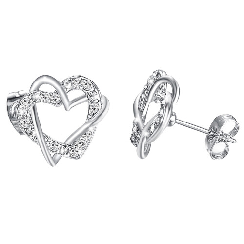 Heart Stud Earrings, 18K White Gold Plated, 13mm