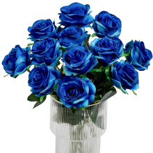 12pcs Artificial Silk Roses - Gradient Blue, 50cm Stem