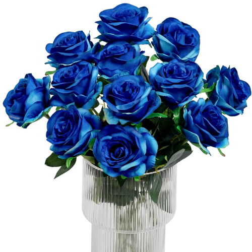 12pcs Artificial Silk Roses - Gradient Blue, 50cm Stem