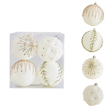 Weihnachtskugeln mit weißem und goldenem Glitzer, 4 Stück, 8 cm