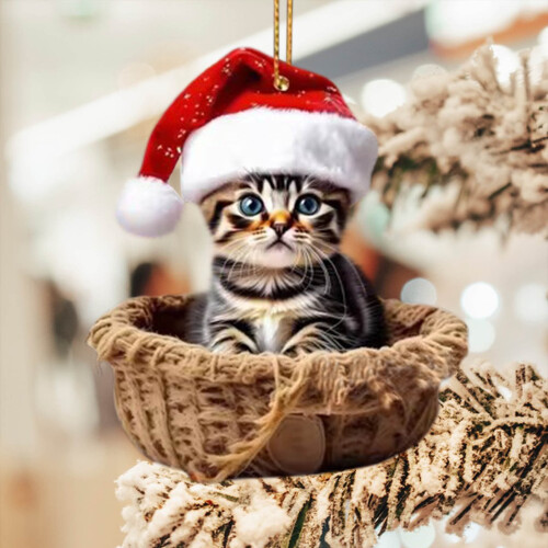Grey Tabby Cat Christmas Ornament with Hat 1