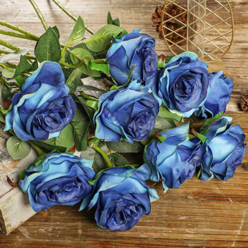 12pcs Artificial Silk Roses - Gradient Blue, 50cm Stem 1