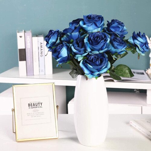 12pcs Artificial Silk Roses - Gradient Blue, 50cm Stem 2