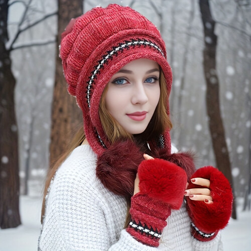 Damen-Winterstrickmütze und Handschuhe Set