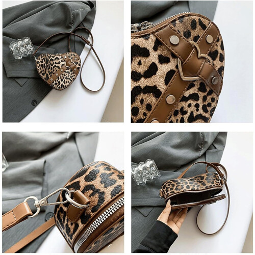 Pochette a forma di cuore con stampa leopardata e tracolla removibile 1