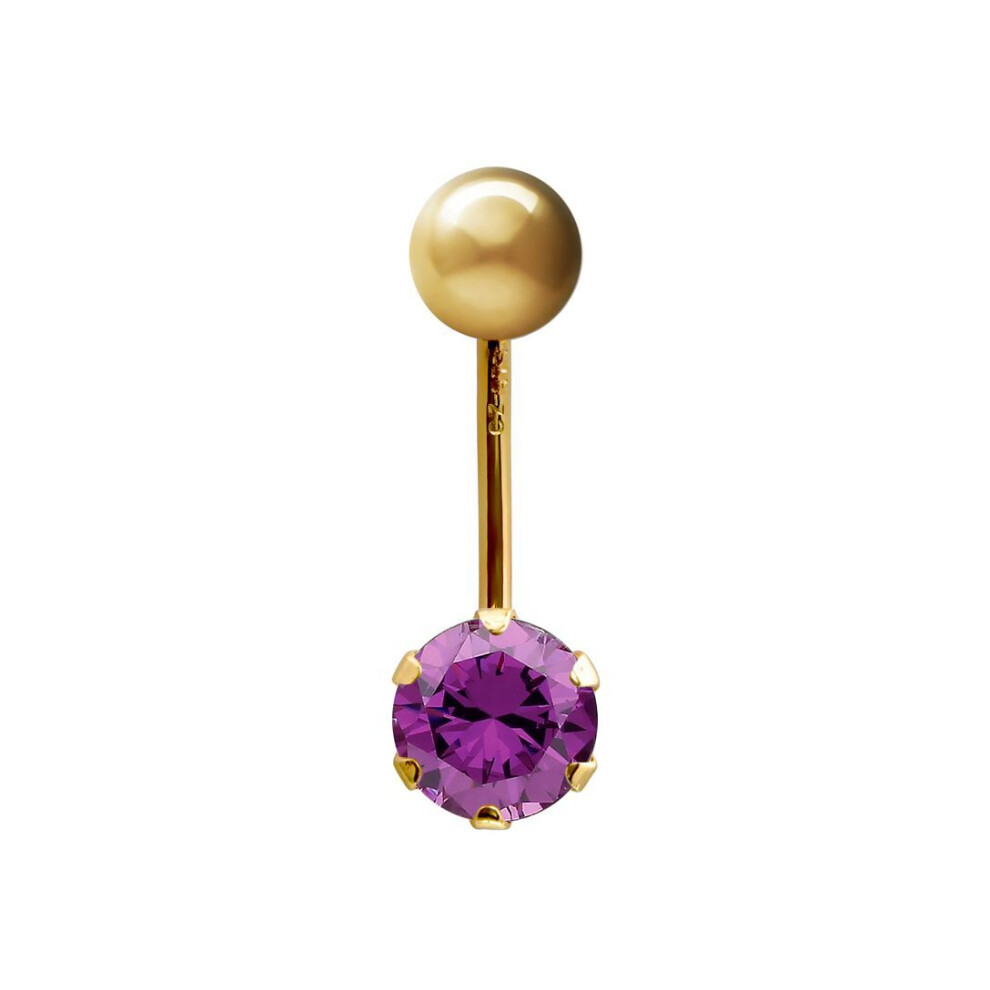 Jewelco London (Purple) Ladies 9Ct Yellow Gold 6Mm Cubic Zirconia Solitaire Banana Belly Bar Body Piercing 10Mm - Jbj100-Abc