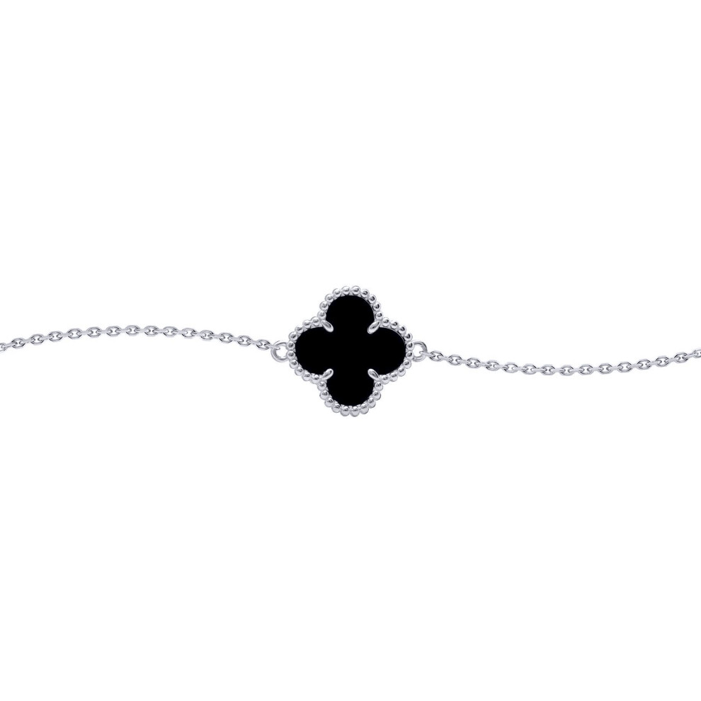 Jewelco London Silver Black Clover Onyx Lucky Charm Chain Bracelet 7-8.5" - Abb237