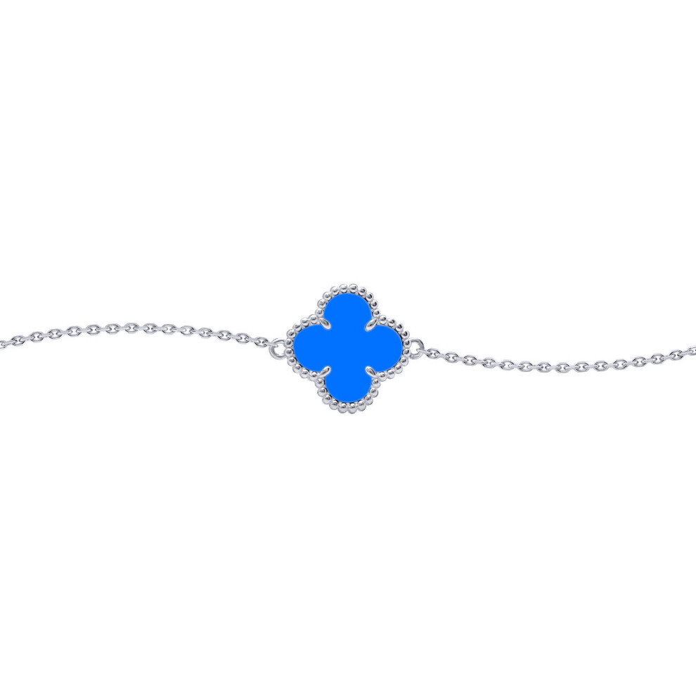 Jewelco London Silver Blue Clover Agate Lucky Charm Chain Bracelet 7-8.5" - Abb239