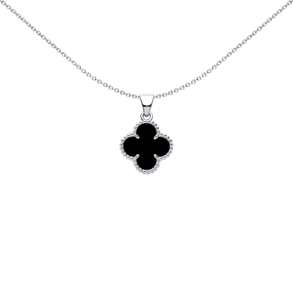 Jewelco London Rhodium Silver Black Clover Onyx Lucky Clover Charm Pendant - Apd229