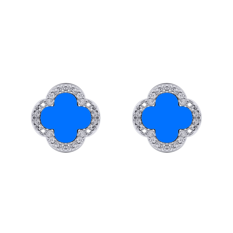 Jewelco London Rhodium Silver Blue Clover Agate & Cz Halo Lucky Charm Earrings 11Mm - Aes260