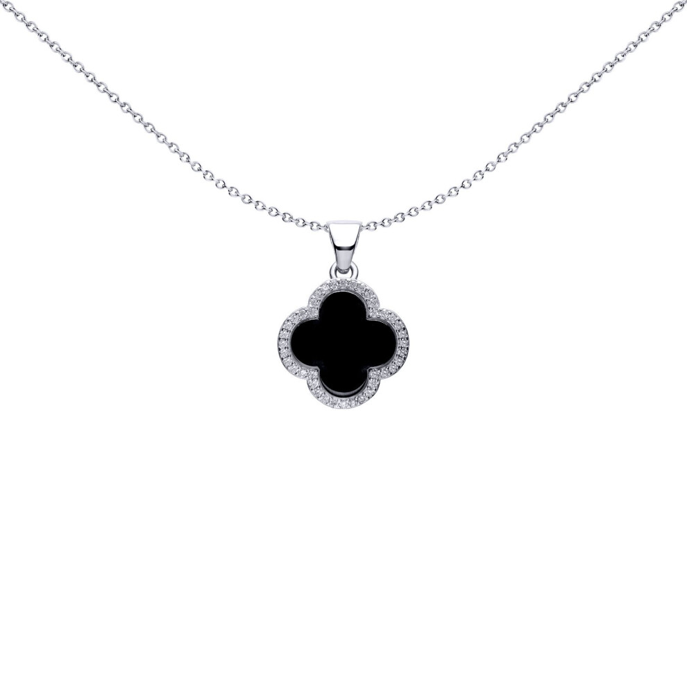 Jewelco London Rhodium Silver Black Clover Onyx & Cz Halo Lucky Charm Charm Pendant - Apd233 Black,Silver