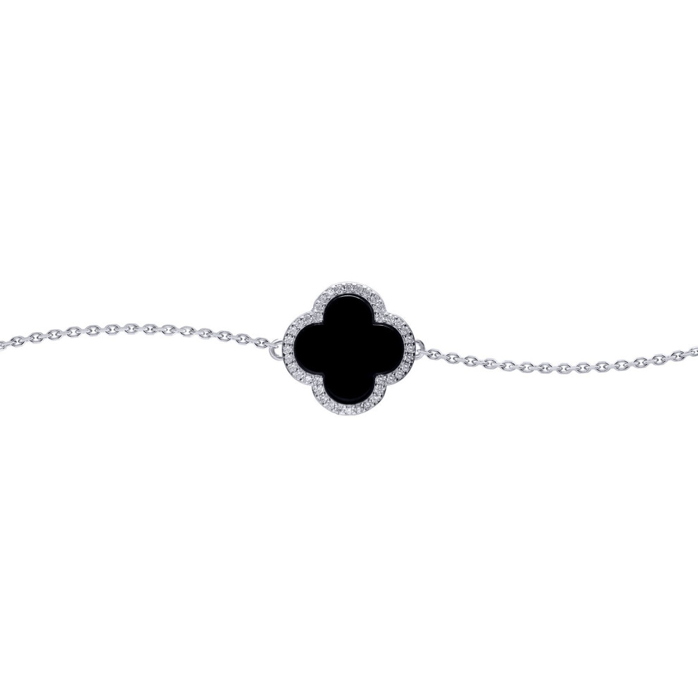 Jewelco London Silver Black Clover Onyx & Cz Halo Lucky Charm Chain Bracelet 7-8.5" - Abb241