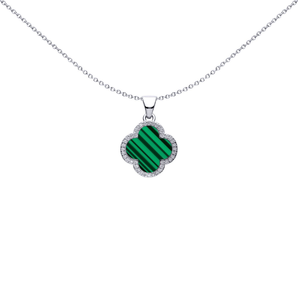 Jewelco London Rhodium Silver Green Clover Malachite & Cz Halo Lucky Charm Charm Pendant - Apd236