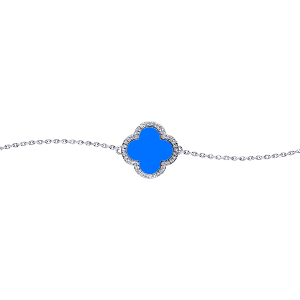 Jewelco London Silver Blue Clover Agate & Cz Halo Lucky Charm Chain Bracelet 7-8.5" - Abb243