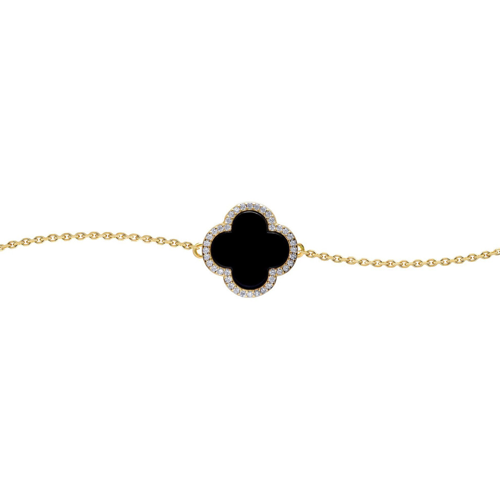 Jewelco London Gold-Plated Silver Black Clover Onyx & Cz Halo Lucky Charm Chain Bracelet 7-8.5" - Abb241-Gp