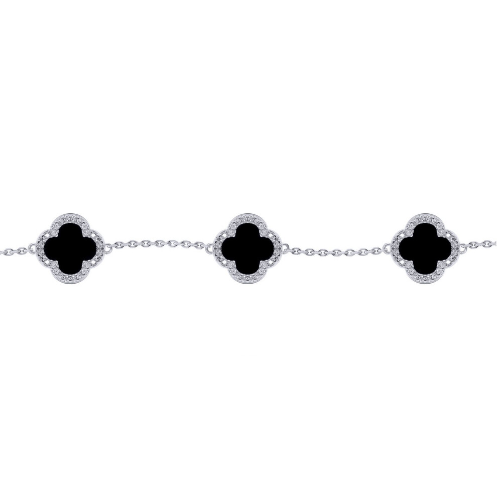 Jewelco London Silver Black Clover Onyx & Cz Halo Lucky Charm 5 Station Bracelet 7-8.5" - Abb249