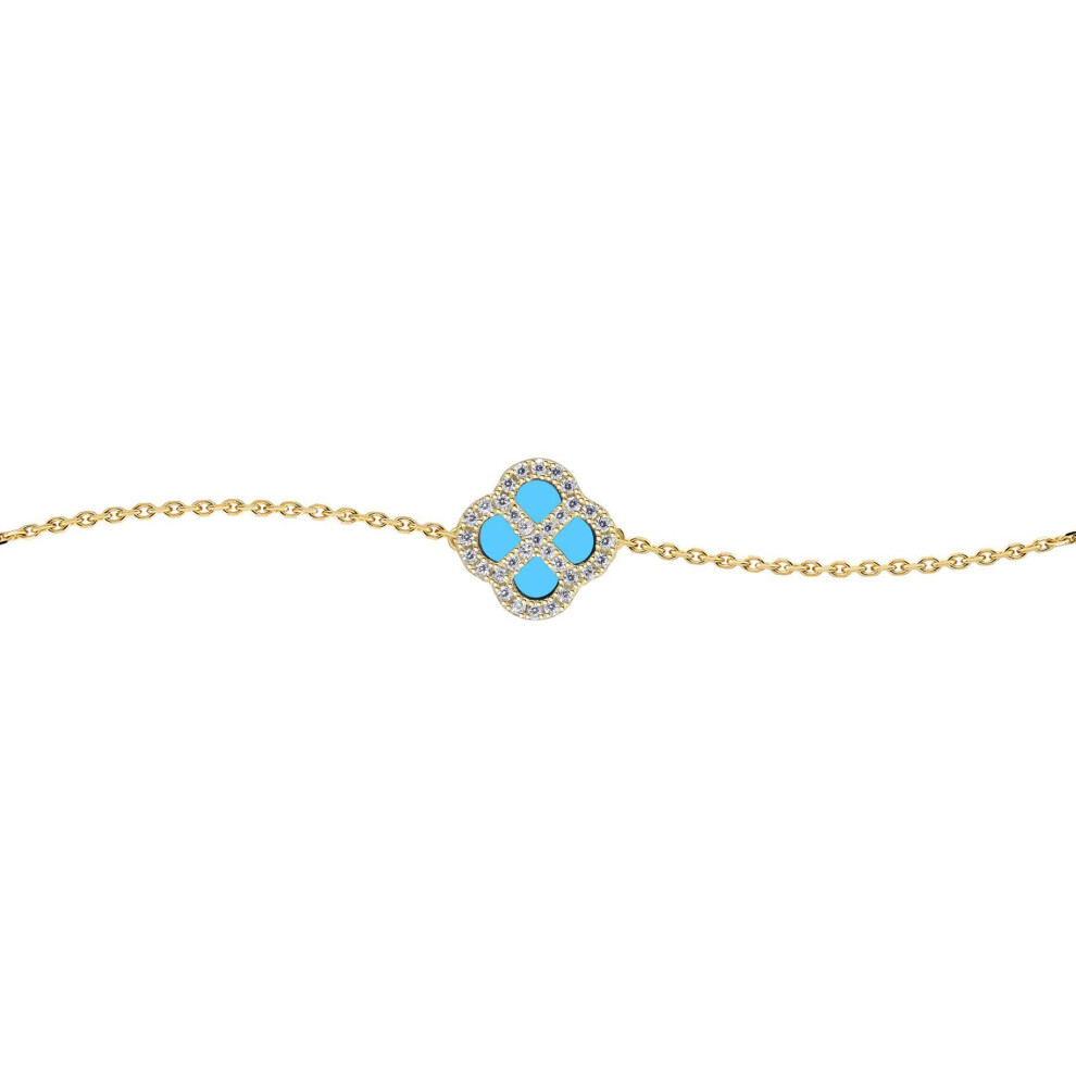 Jewelco London Gold-Plated Sterling Silver Cz Turquoise Clover Kiss Lucky Charm Bracelet 6-7.5" - 8-29-2892