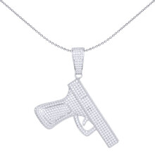 Jewelco London Men's Rhodium Silver Round CZ Handgun Pistol Revolver Charm Pendant - APD171