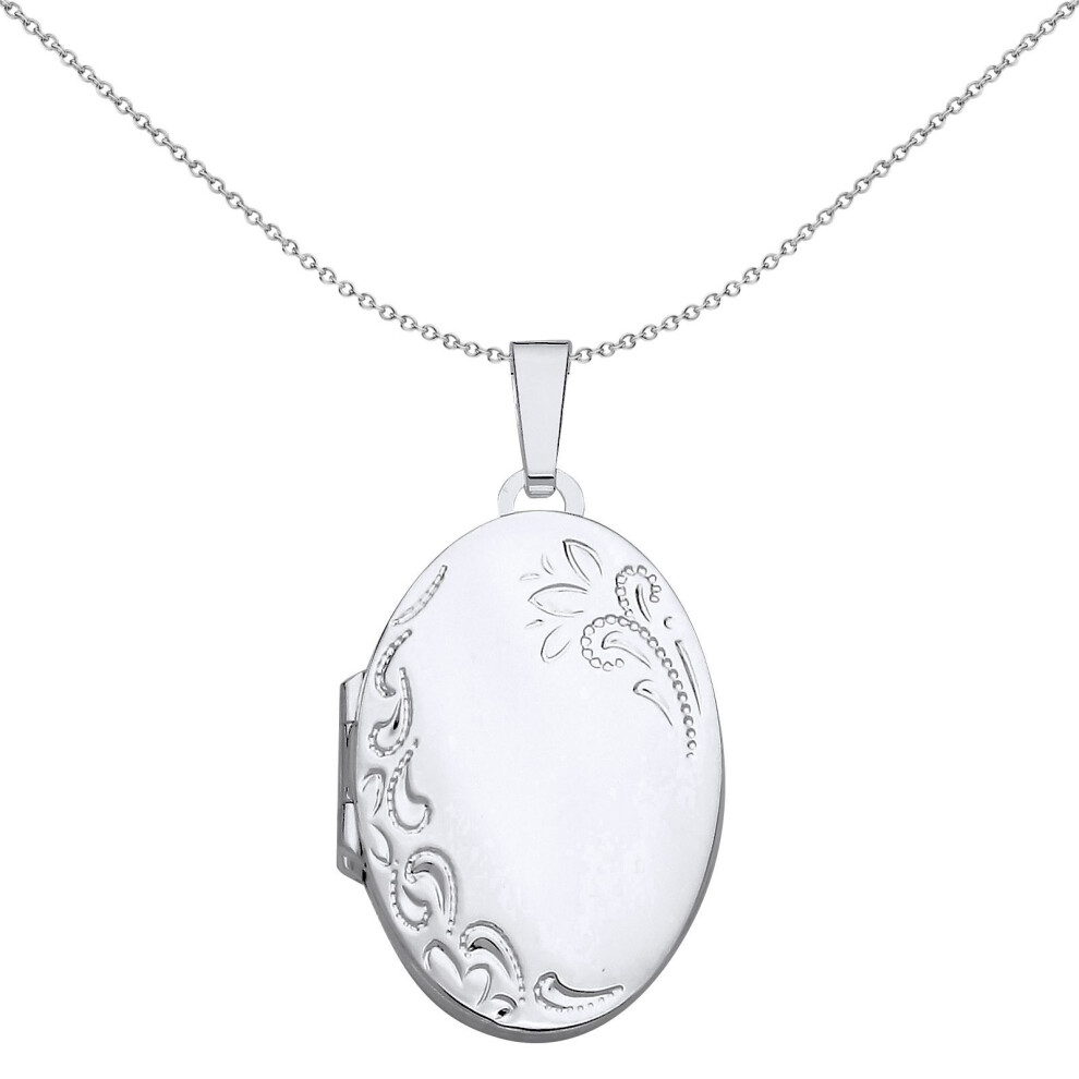 Jewelco London Ladies Rhodium Plated Sterling Engraved Floral Filigree Oval Locket Pendant Necklace - Lk67 Silver