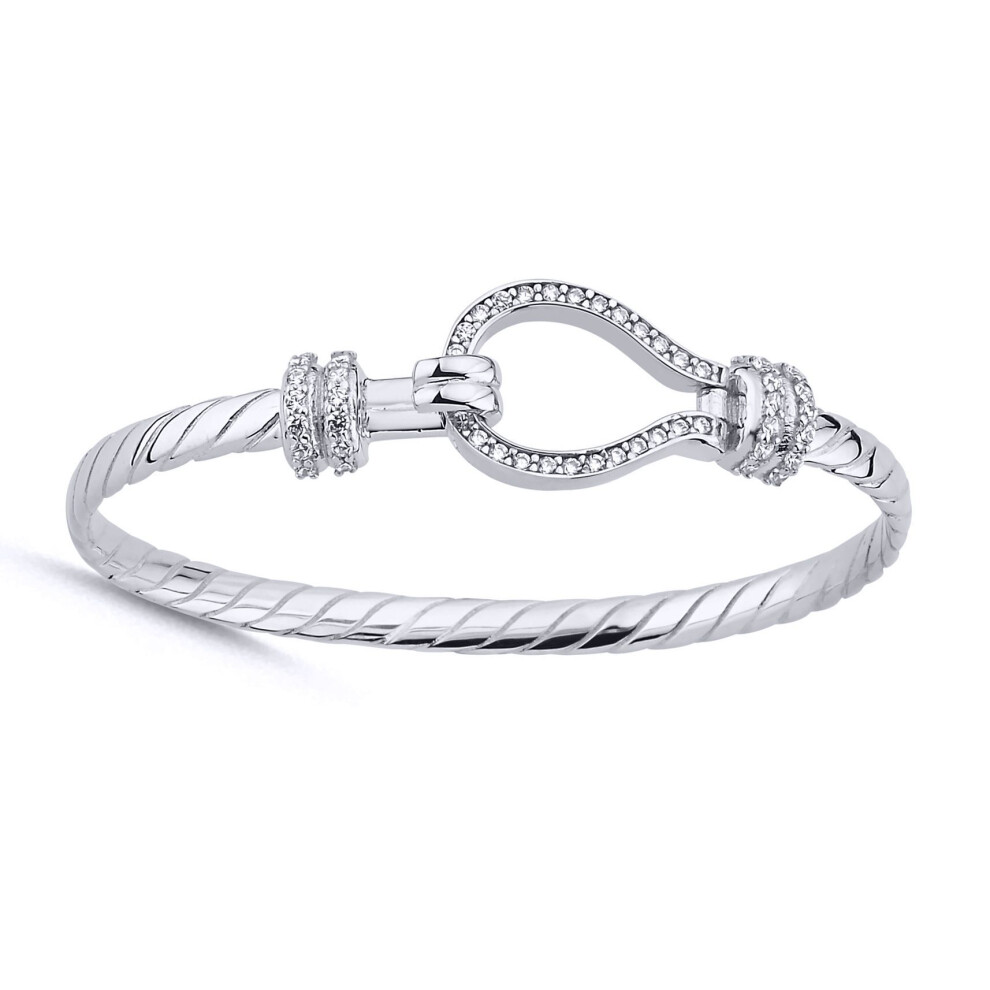 Jewelco London Kids Rhodium Plated Sterling Cubic Zirconia Rope Stirrup Hook 4Mm Bangle Bracelet, 5" - Akb033 Silver