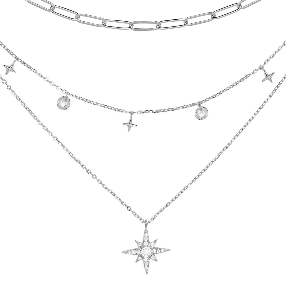 Jewelco London Ladies Rhodium Plated Sterling Silver Cz Floating Star Charms Paperclip Multi-Strand Necklace 17 + 2 Inch - Gvk373