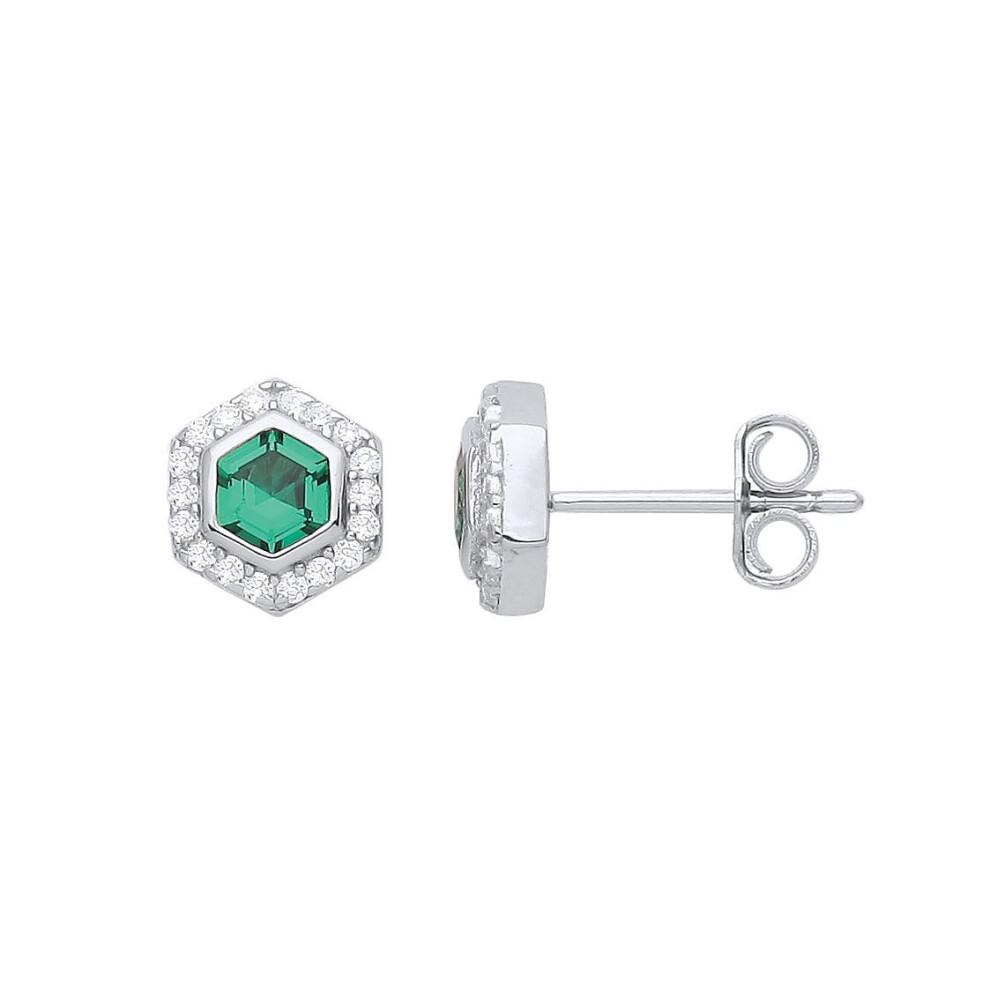Jewelco London Ladies Rhodium Plated Sterling Silver Green Hexagon Honeycomb Cz Halo Stud Earrings - Gve937