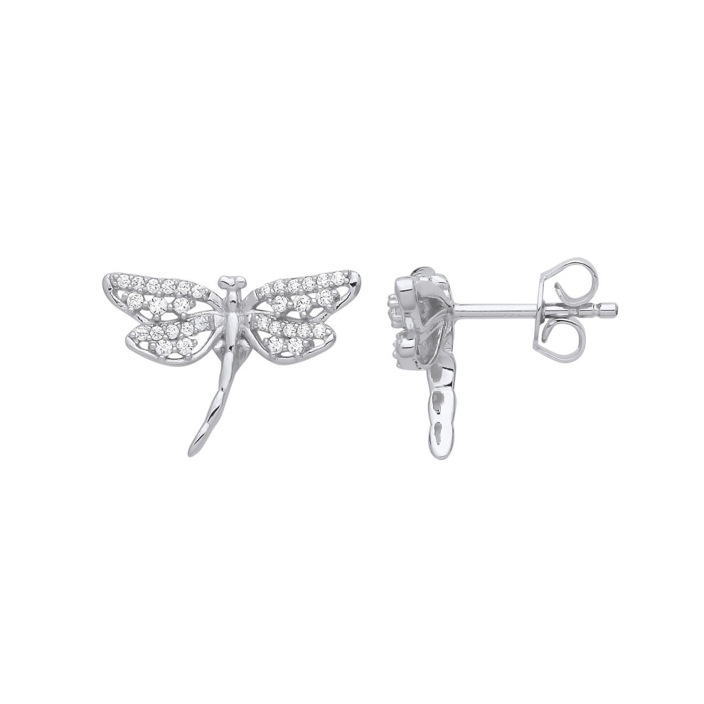 Jewelco London Ladies Rhodium Plated Sterling Cz Majestic Dragonfly Drop Earrings - Eag1235 Silver