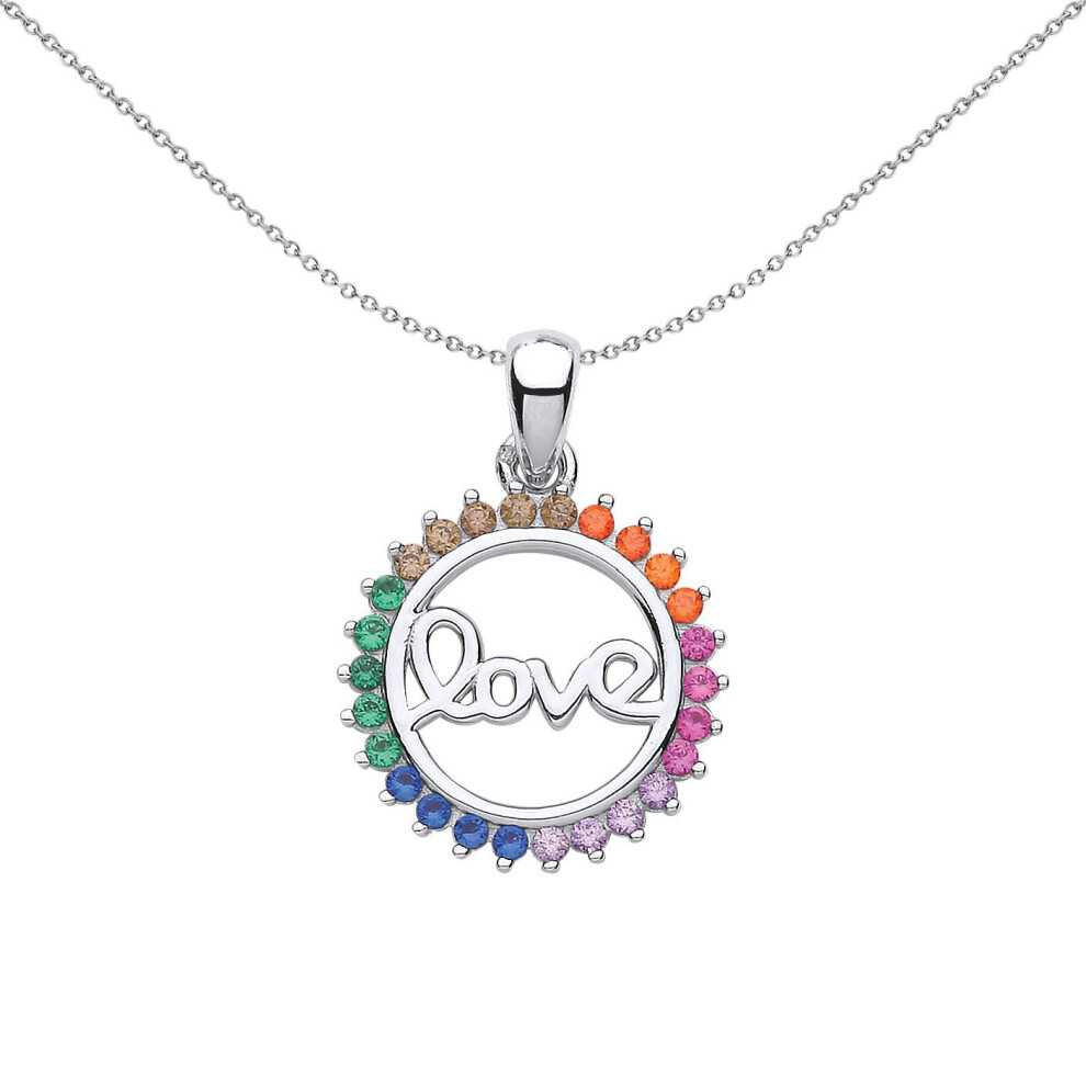 Jewelco London Ladies Rhodium Plated Sterling Silver Rainbow Cz Coral Rainbow Fizzy Love Circle Pendant Necklace - Gvp633
