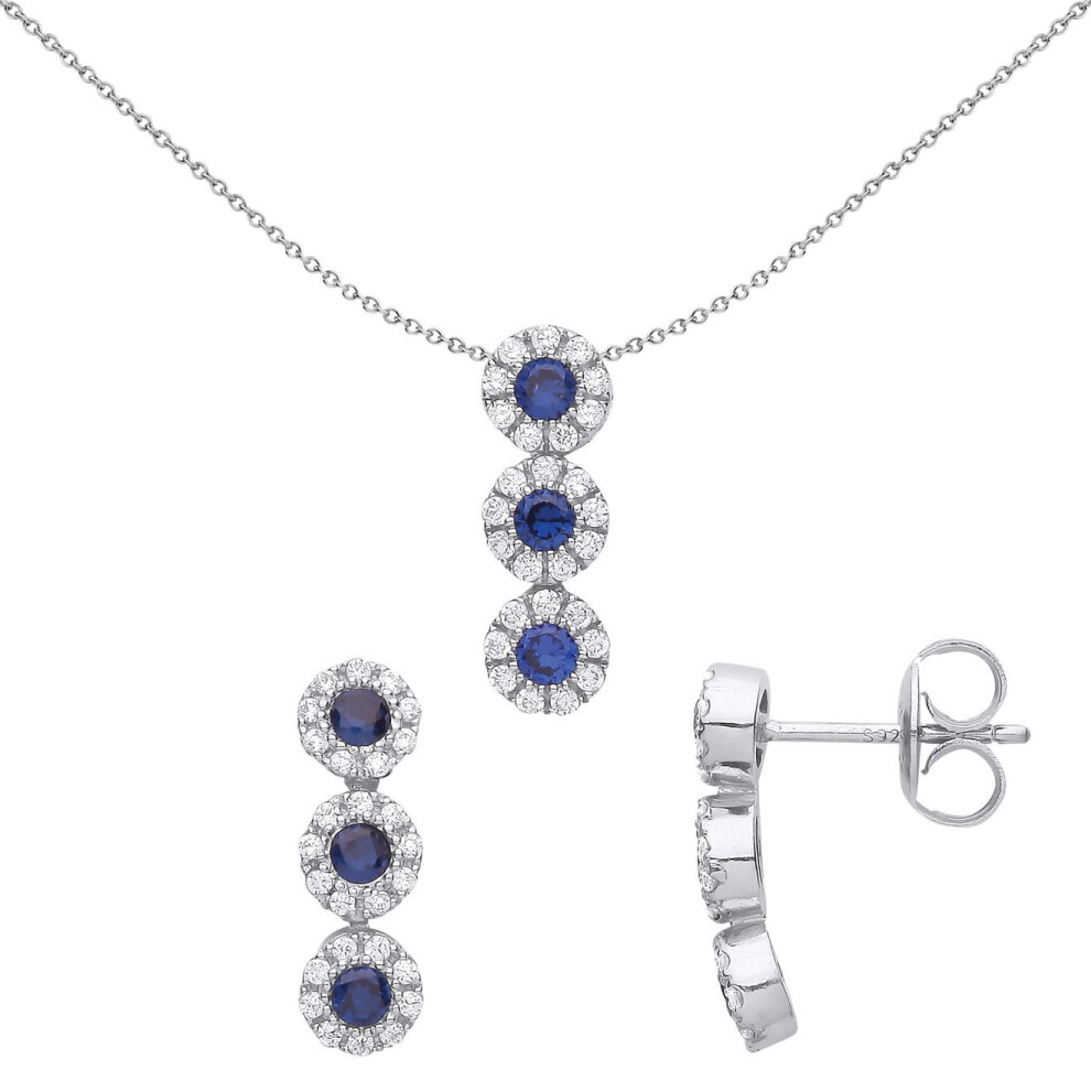 Jewelco London Ladies Rhodium Plated Sterling Silver Blue Cz Trilogy Halo Cluster Earrings Necklace Set - Gset632 Blue,Silver