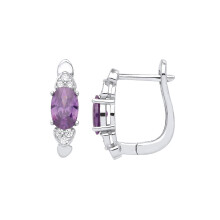 Jewelco London Ladies Rhodium Plated Sterling Silver Purple Oval CZ Love Hearts Arch Drop Earrings - EAG1032