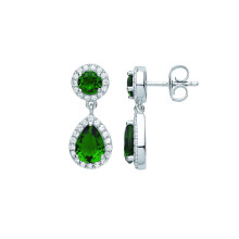 Jewelco London Ladies Rhodium Plated Sterling Silver Green Pear CZ Raindrop Double Halo Drop Earrings - EAG1075