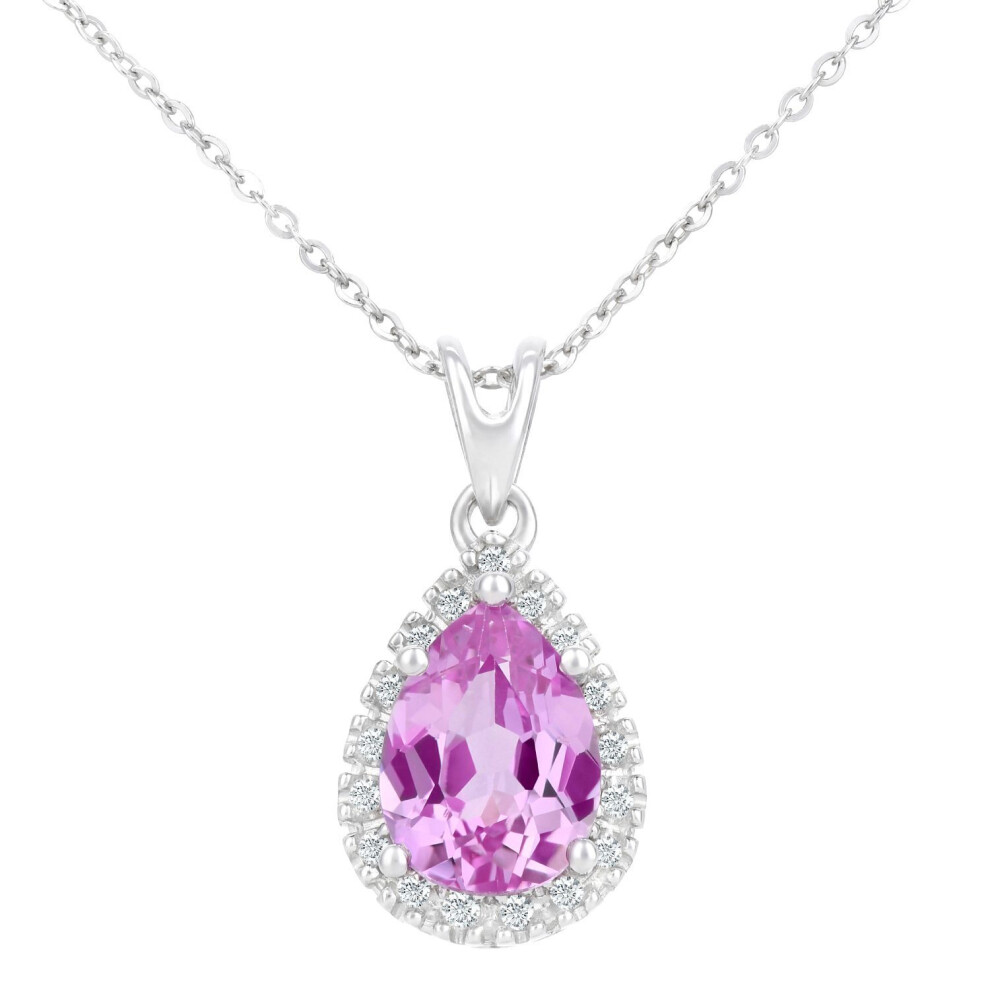 Jewelco London 9Ct White Gold Round 7Pts Diamond Pear 1.54Ct Created Sapphire Teardrop Pendant Necklace 18 Inch 46Cm - Pp0axl3820wcrtdpinksa