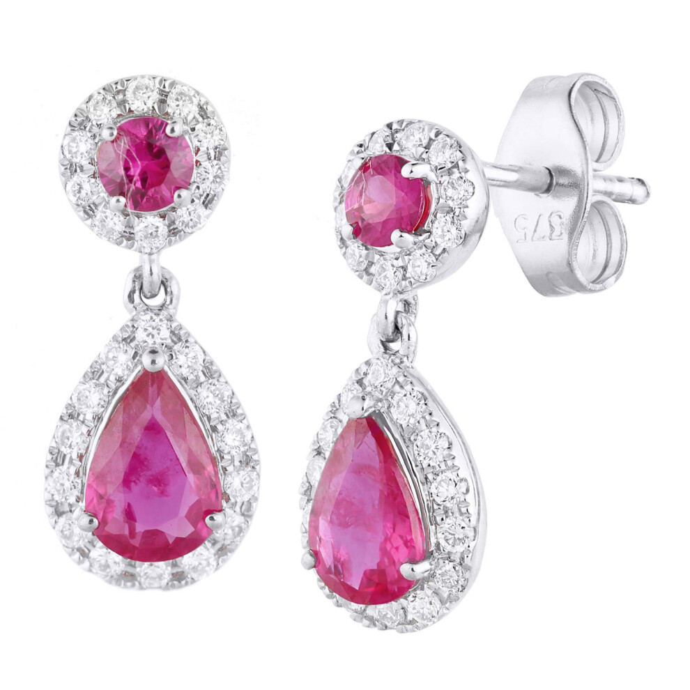 Jewelco London 9Ct White Gold Round 1/4Ct Diamond Pear 1.11Ct Ruby Teardrop Drop Earrings - Pe2axl0159wru